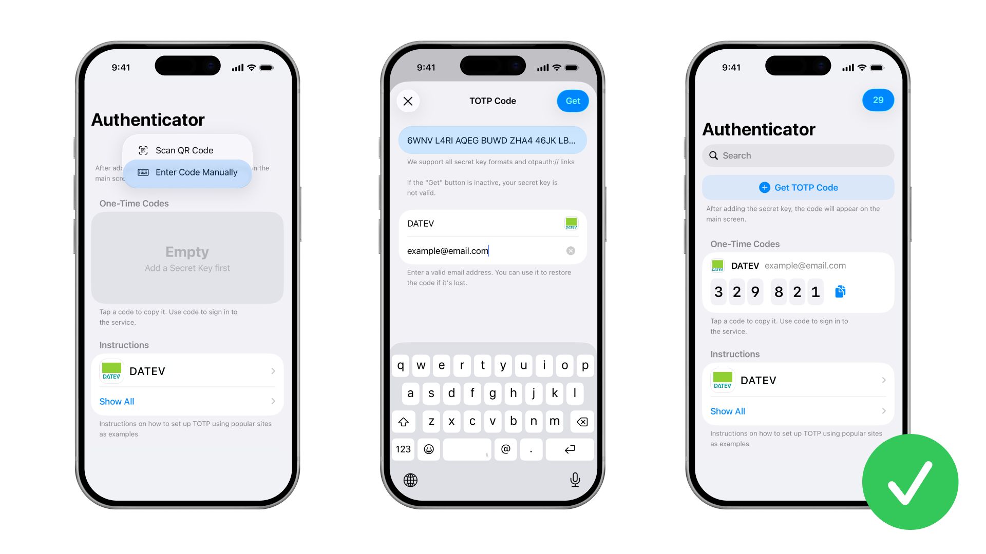 How to add the secret key to the authenticator to generate TOTP codes.