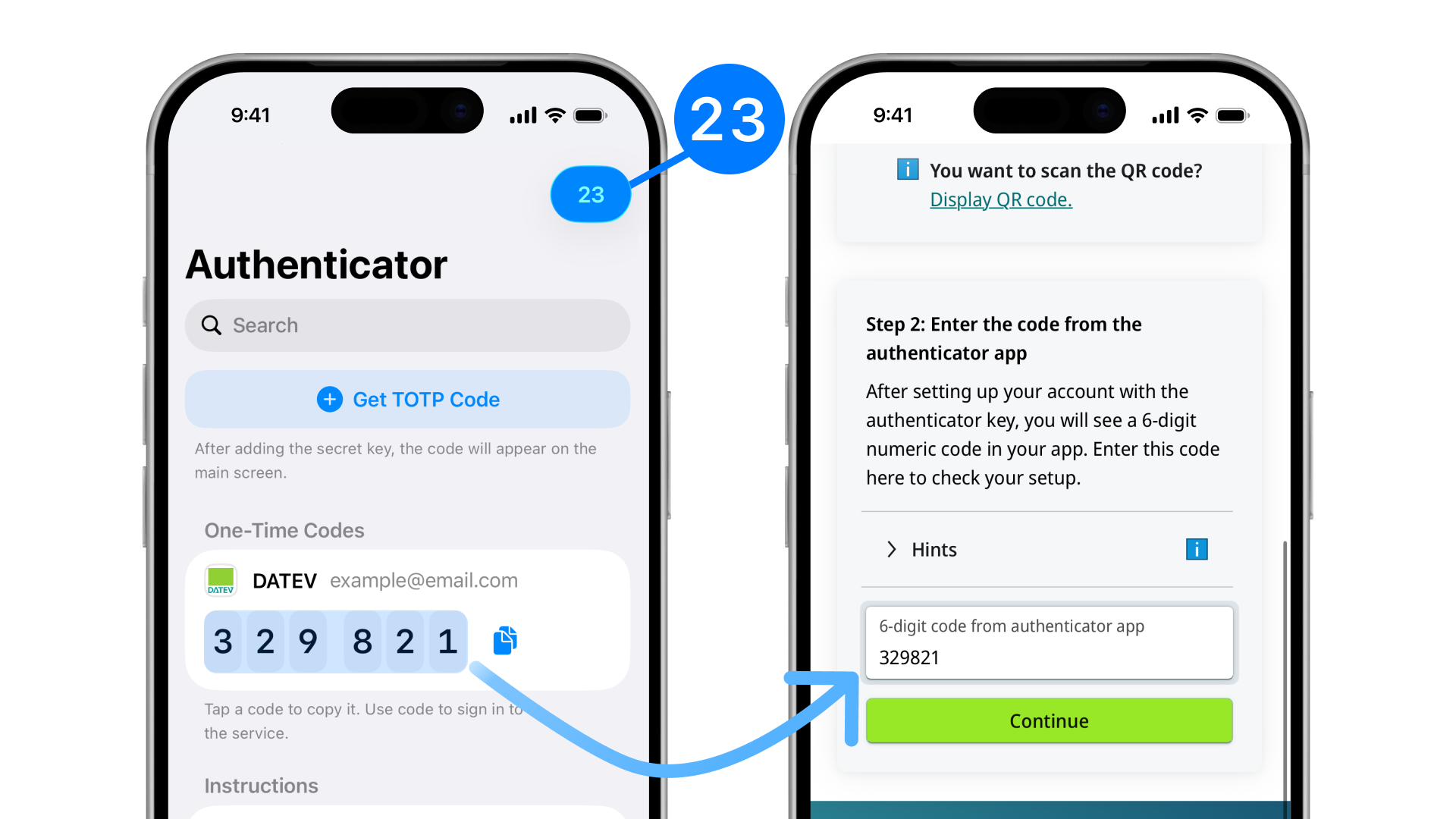Where to get the TOTP code and where to enter it to enable two-factor protection in DATEV.