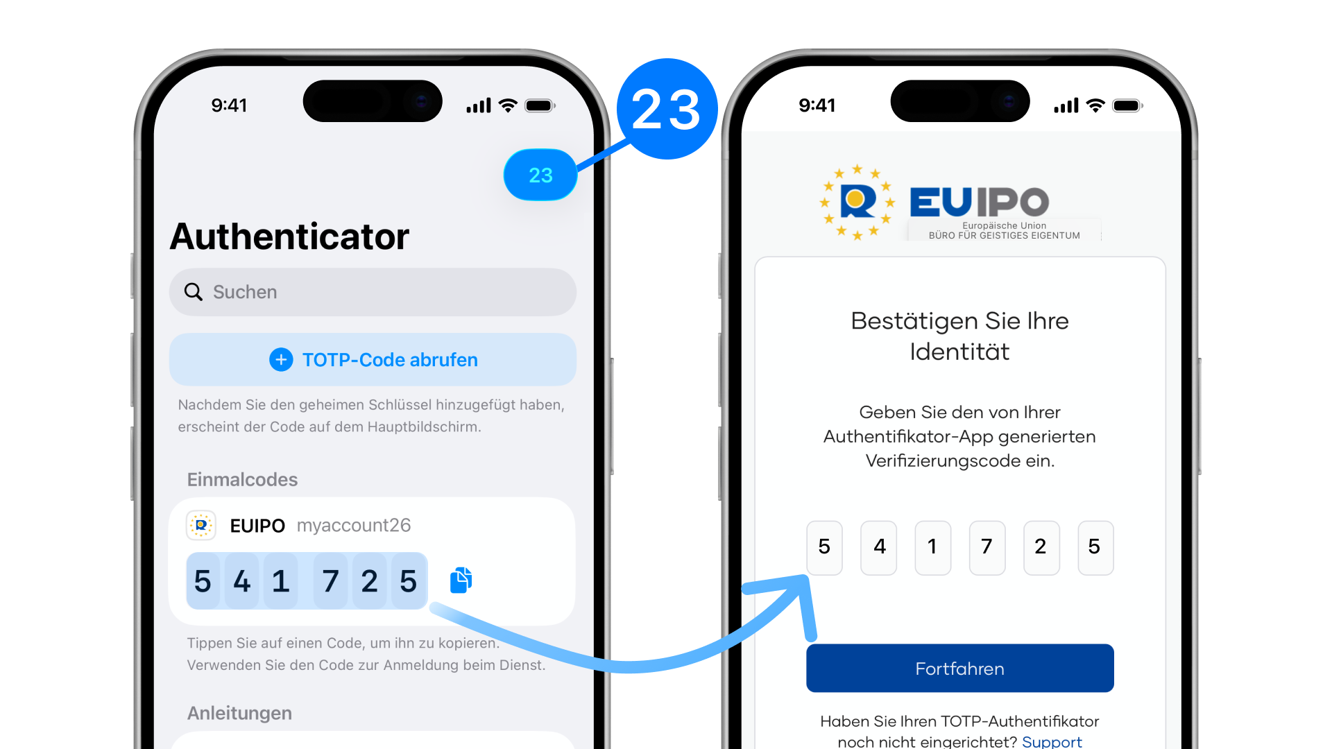 Woher Sie den TOTP-Code nehmen und wo Sie ihn eingeben, um die Zwei-Faktor-Authentifizierung bei EUIPO zu aktivieren.