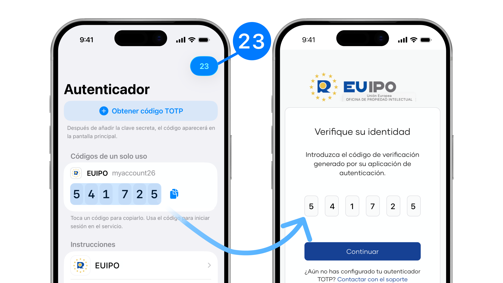 Dónde obtener e introducir el código TOTP para activar la protección de dos factores en EUIPO.