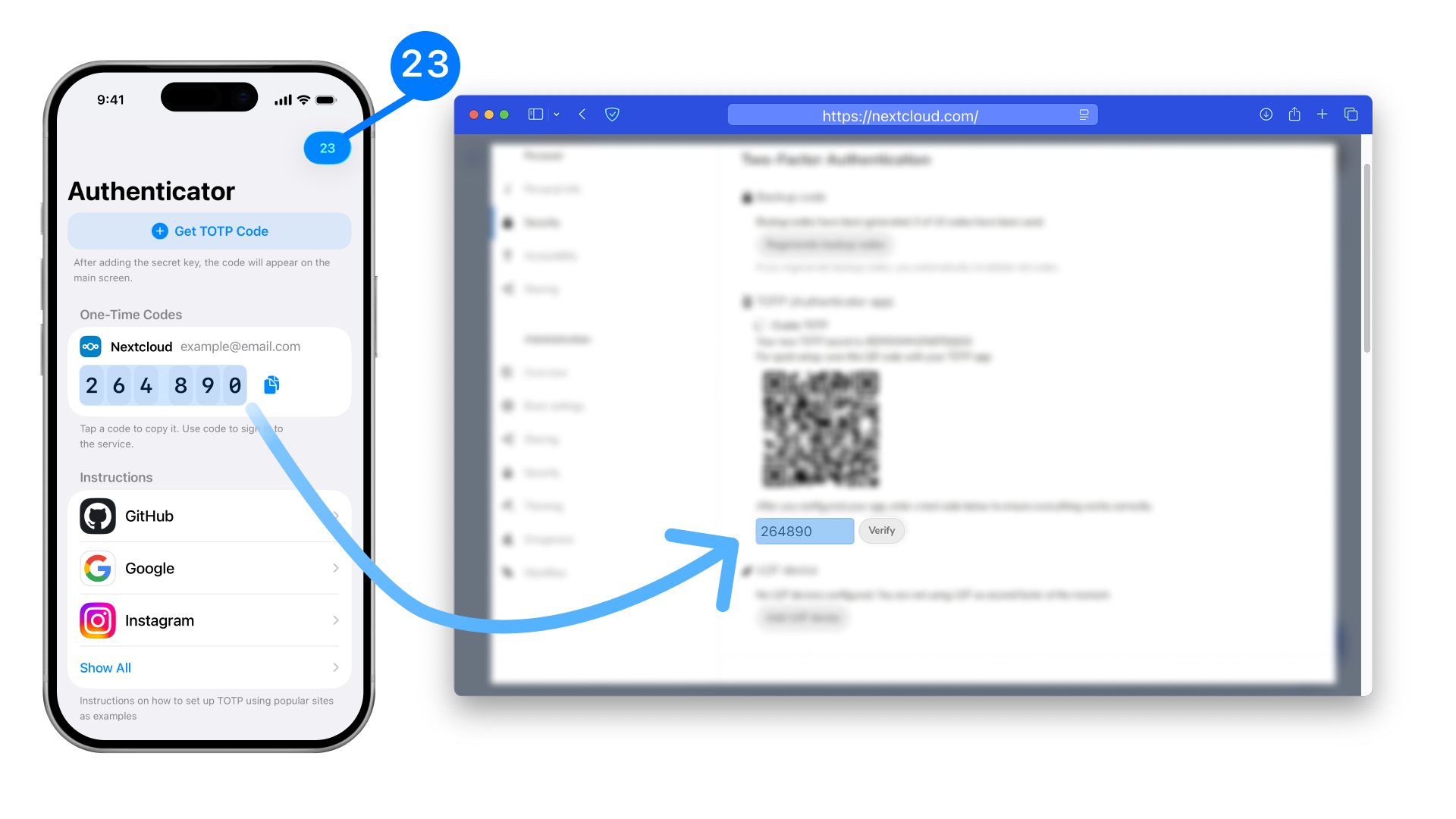 Where to get the TOTP code and where to enter it to enable two-factor protection in Nextcloud.