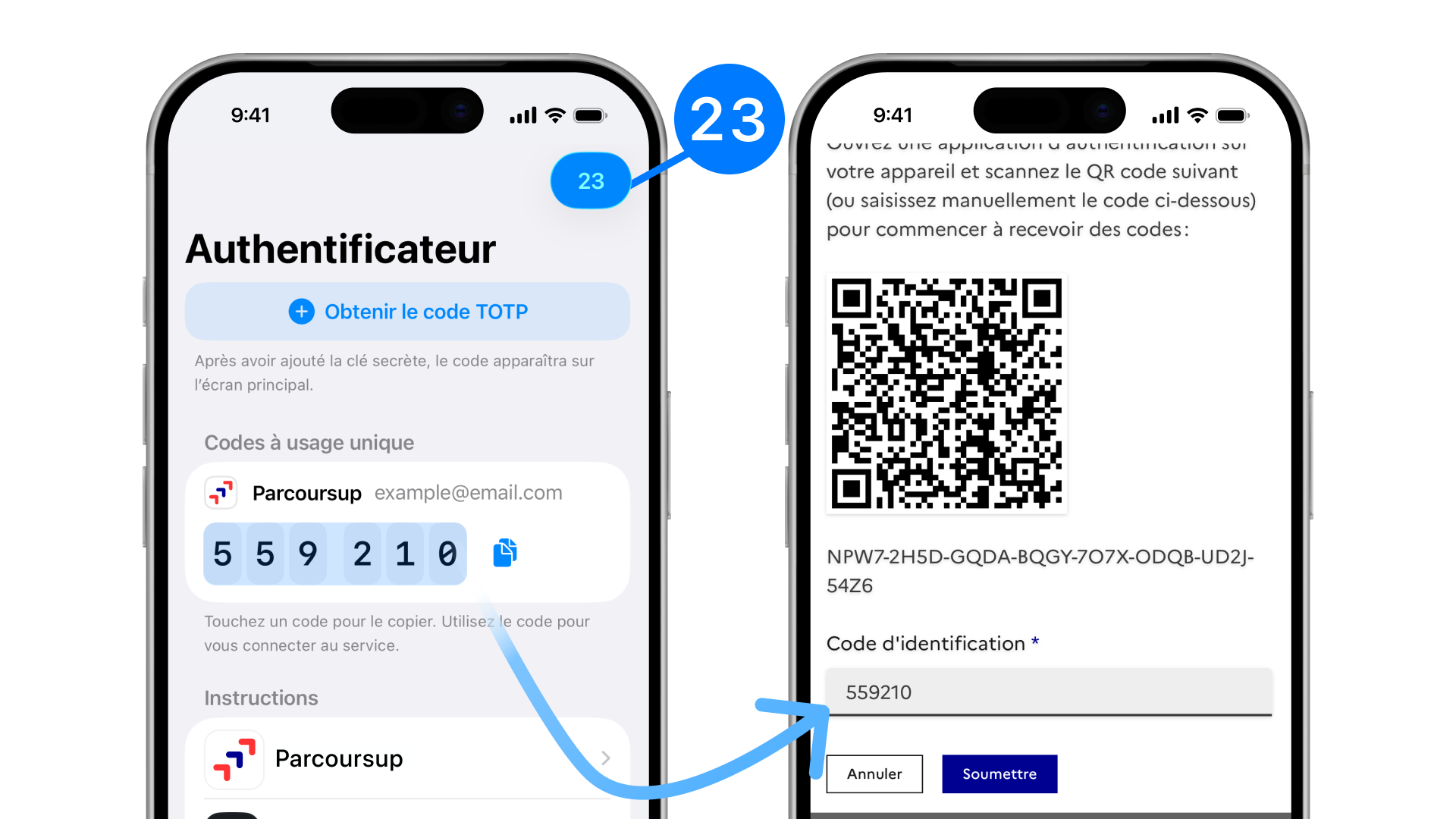 Où obtenir le code TOTP et où le saisir pour activer la protection à deux facteurs dans Parcoursup.