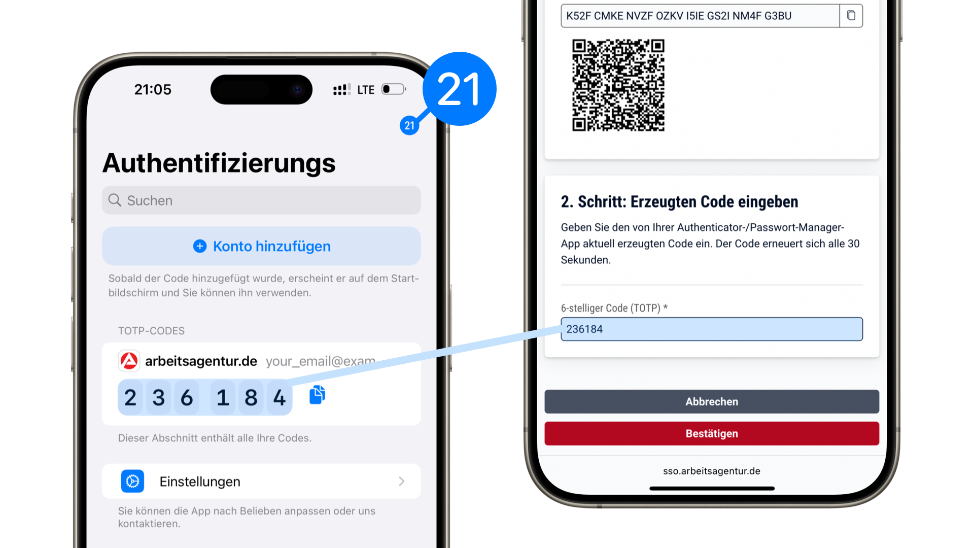 Woher den TOTP-Code nehmen und wo ihn eingeben zur Einrichtung des Zwei-Faktor-Schutzes