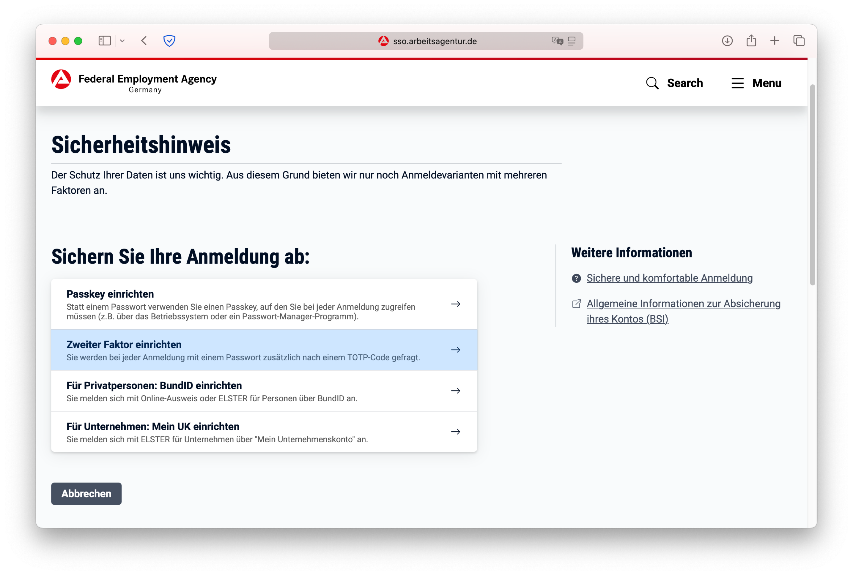 Wie man den Zugang über TOTP auf der Webseite arbeitsagentur.de auswählt
