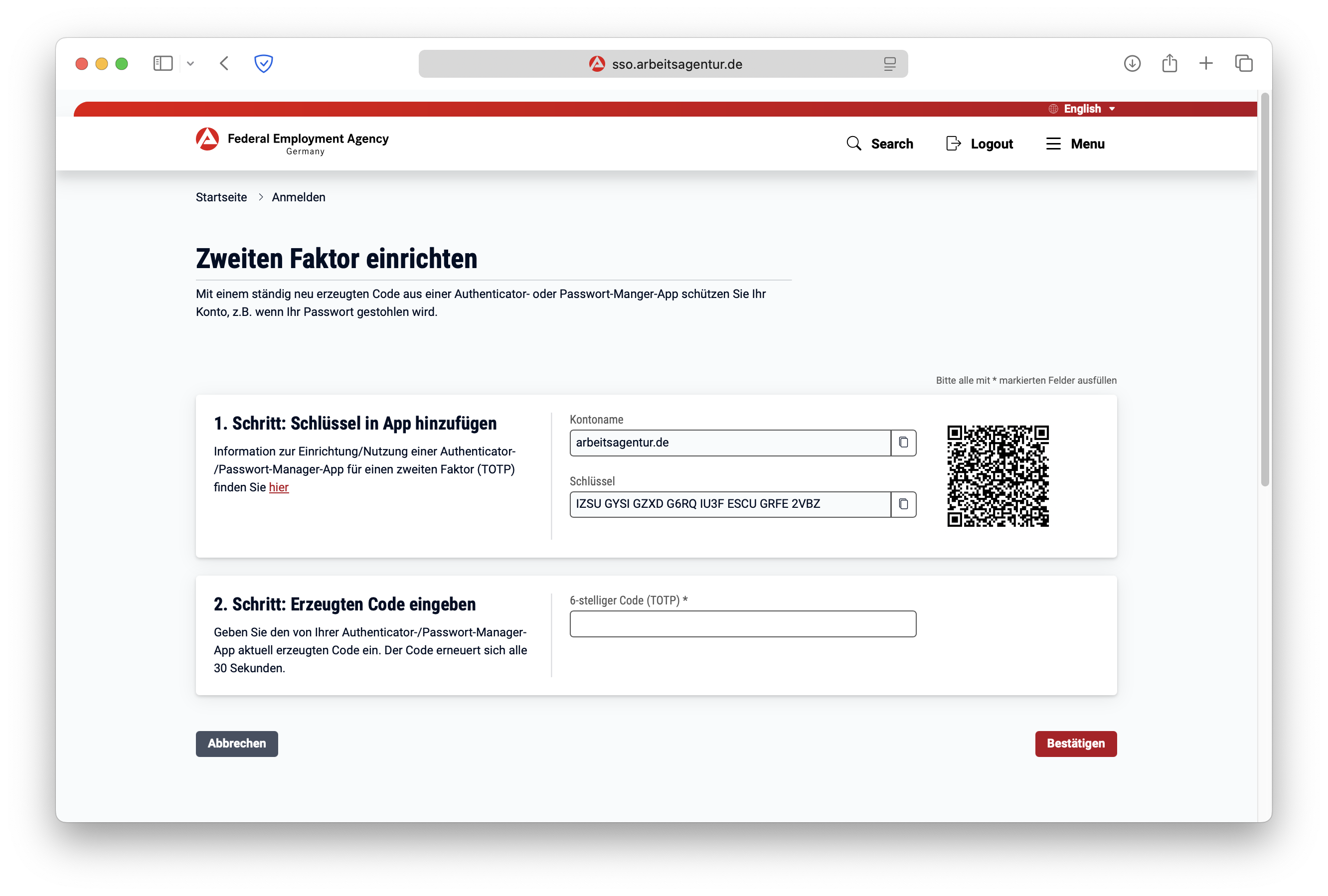 QR code with the secret key for TOTP generation
