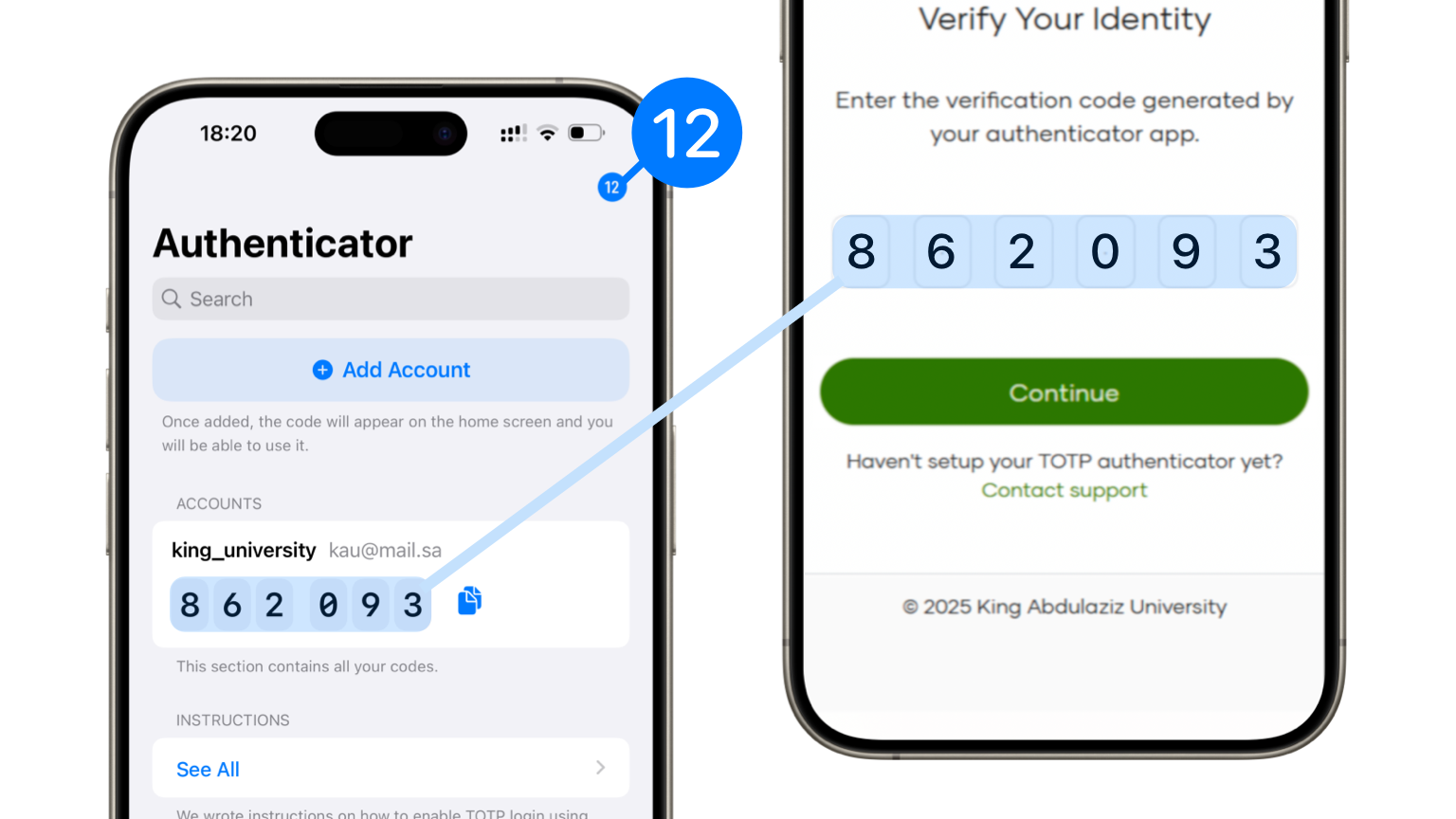 How to enter the code from the TOTP Authenticator app at King Abdulaziz University.